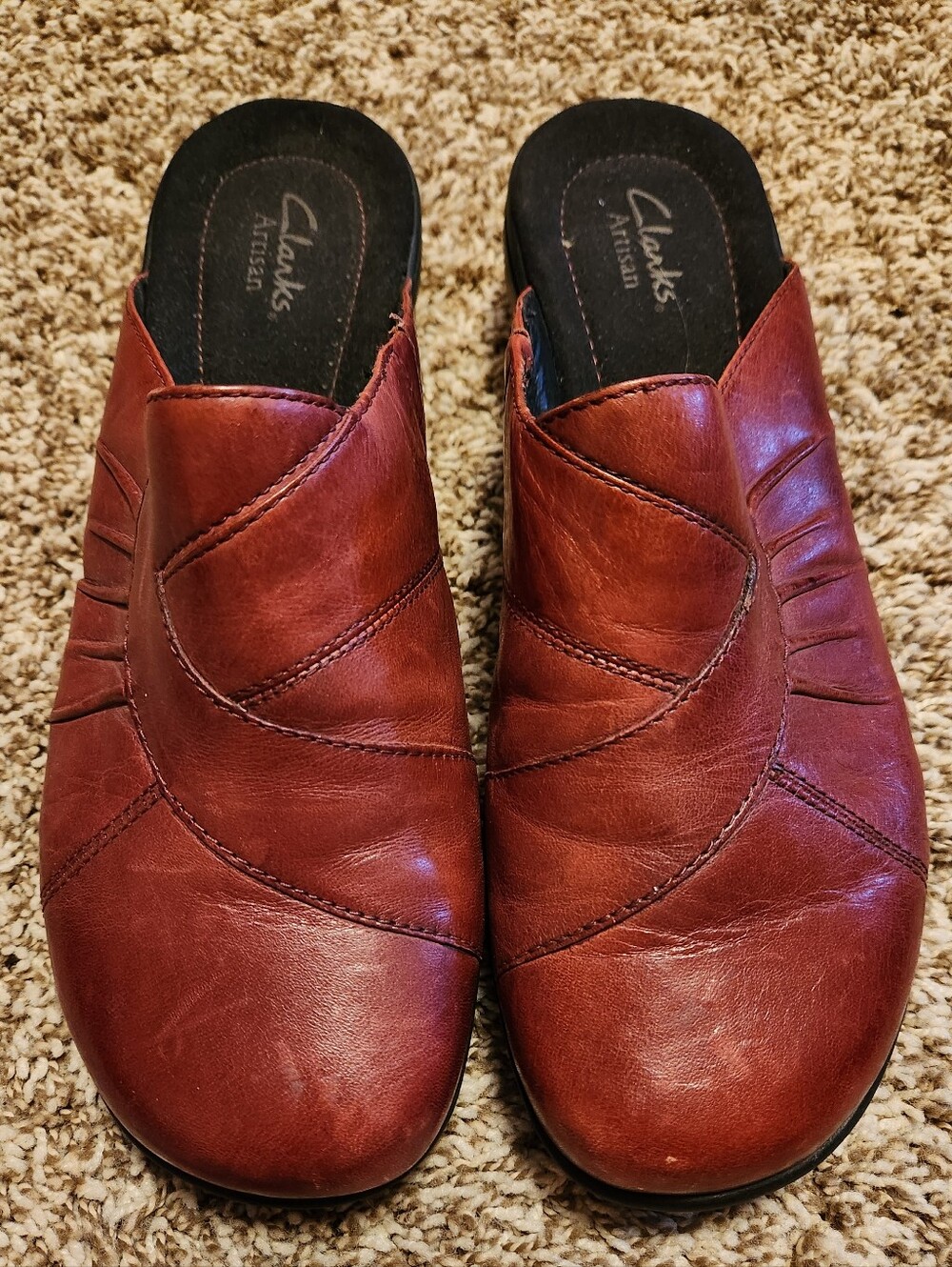 Clarks Womens Size Prairie Flower Clogs Shoes Burgundy Leather Slip On - Size 9